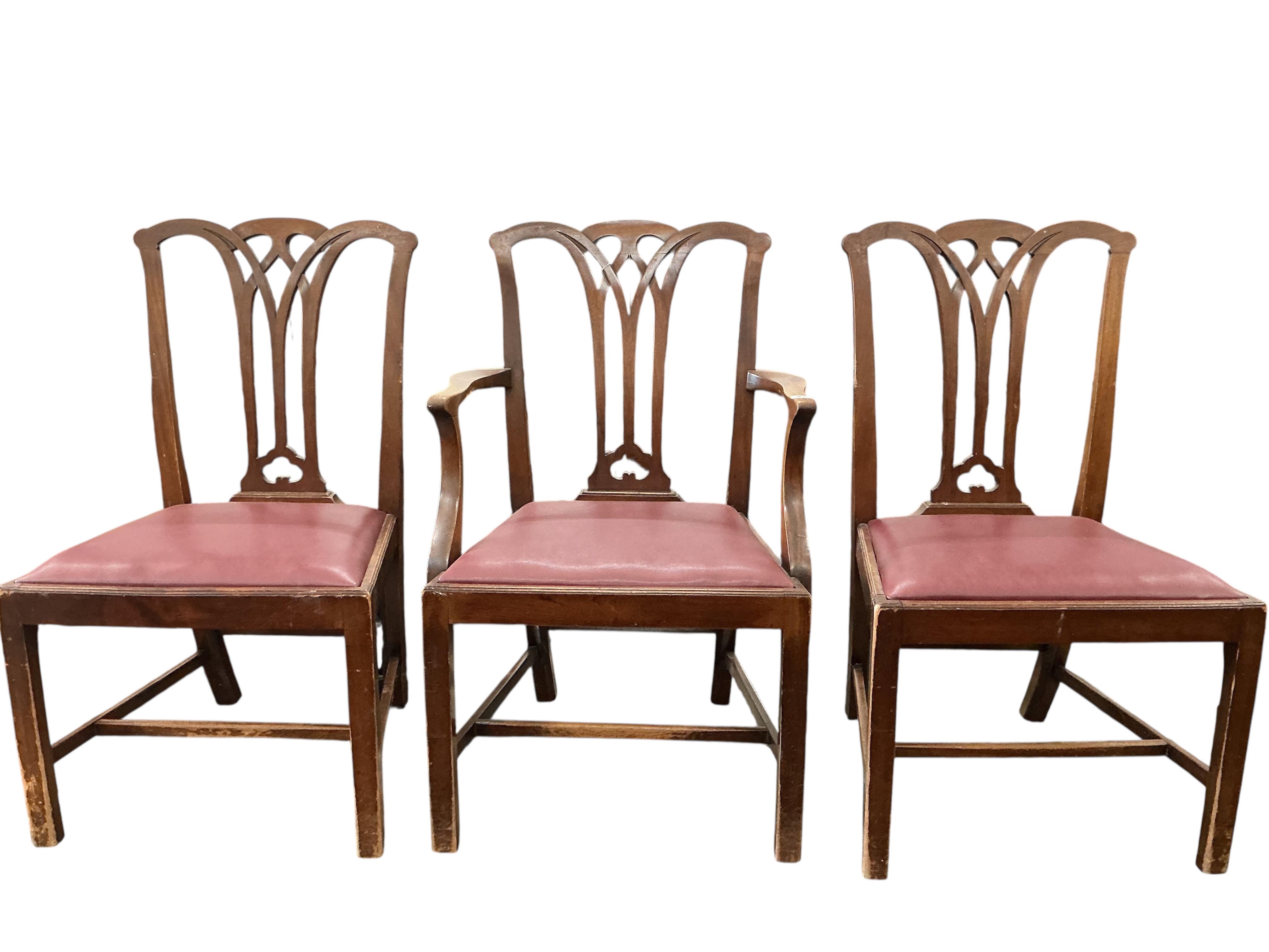 A set of five George III style mahogany dining chairs, one with arms, drop in seats recently re covered. (Bought from the Christie’s Malmesbury House auction, February 2007).
